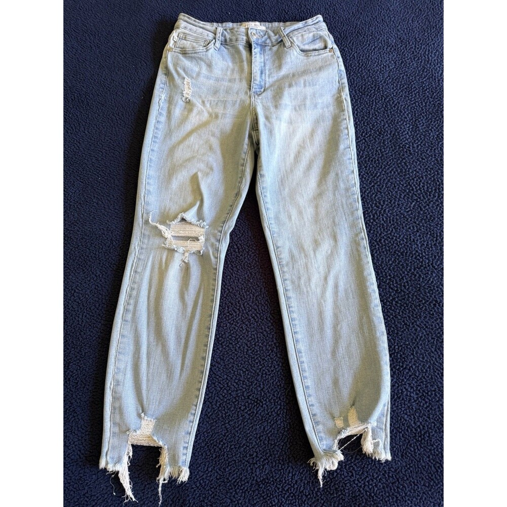 Judy Blue Jeans Womens 9/29 Boyfriend Fit Stretch Mid Rise Light Wash Distressed